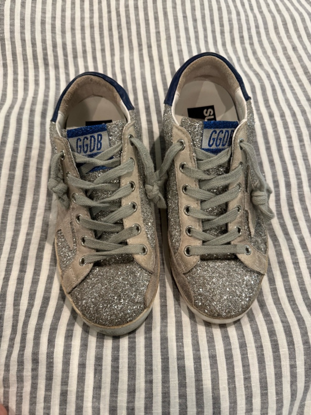 Golden Goose Silver Glitter Sneakers with Blue Details
